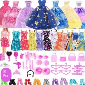 56 Piece Set Fashion Doll Clothing Barbie Style Outfits Accessories Dress Up Lot